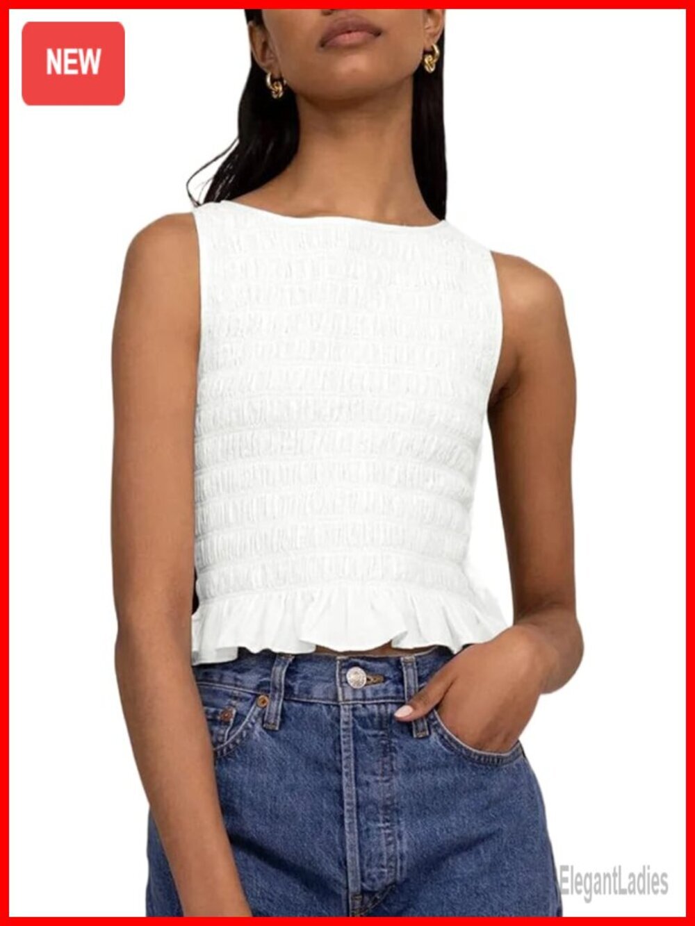 Women Shirred Tank Top Ruffle Sleeveless Smocked Halter Cami Summer Streetwear